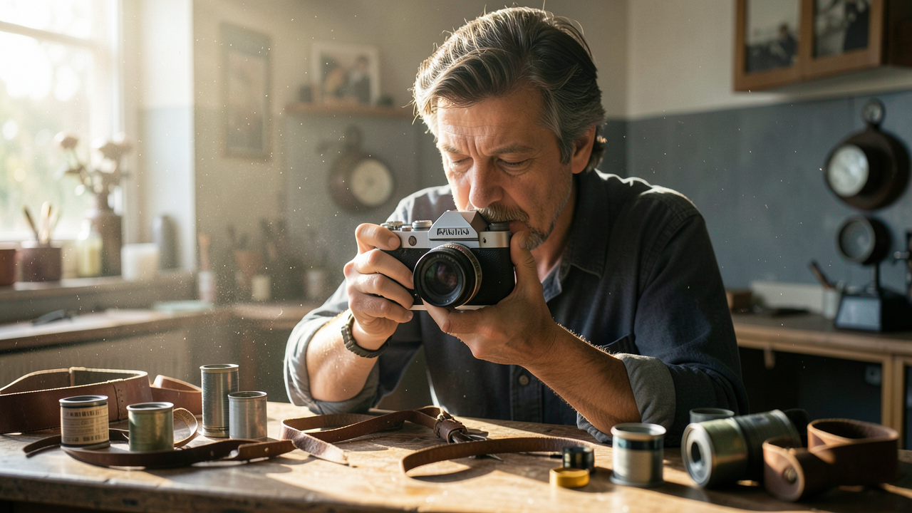 Photographe tenant un appareil photo vintage dans une chambre noire, avec des poussières en suspension et des boîtes de film sur une table en bois, éclairage naturel et faible profondeur de champ.